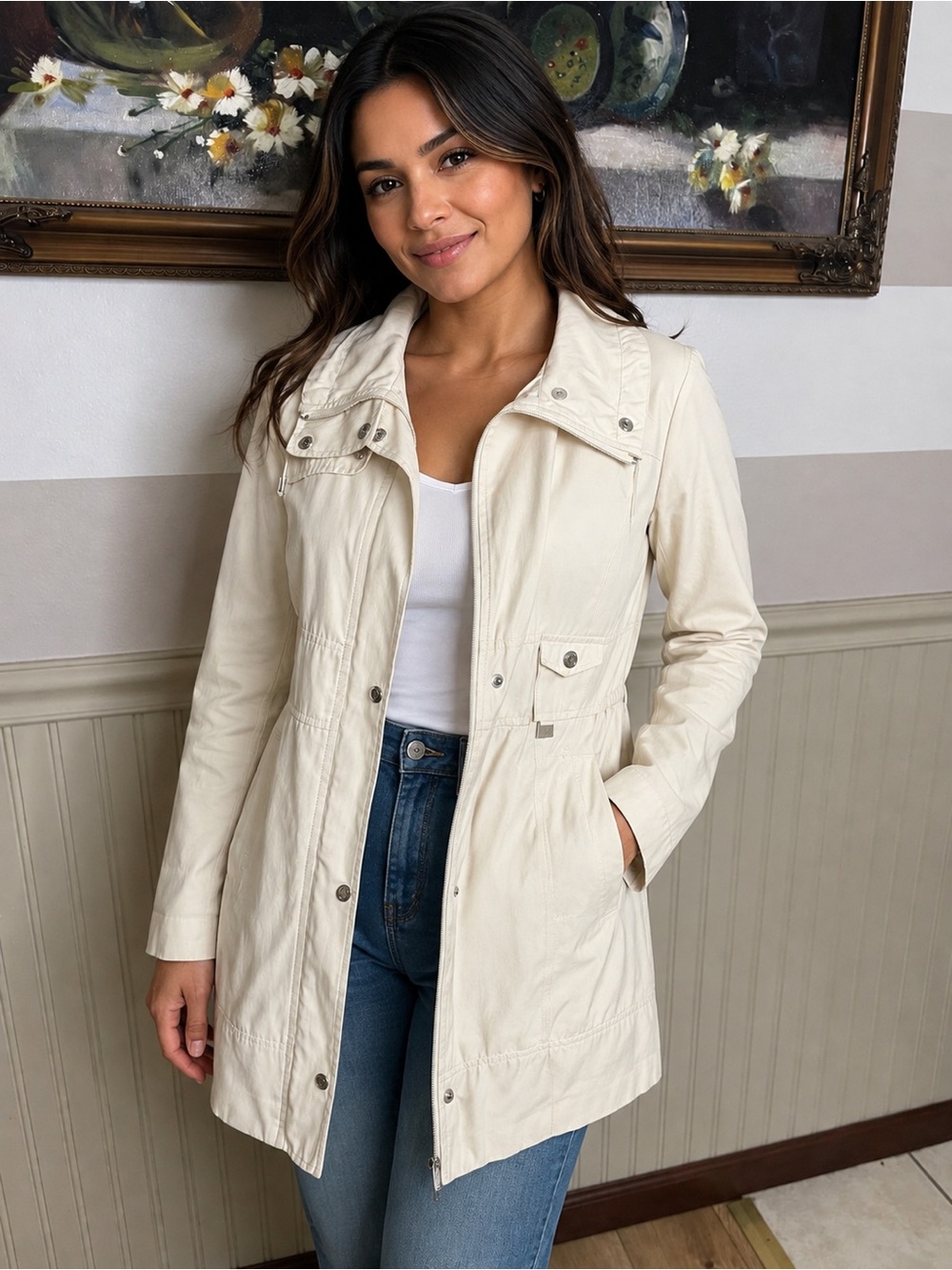 GUESS Ivory Cream Utility Jacket - Size S - Cotton Blend